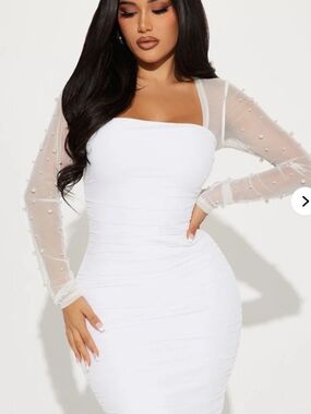 Fashion Nova Elegant White Sheer Sleeve Bodycon Dress With Pearls